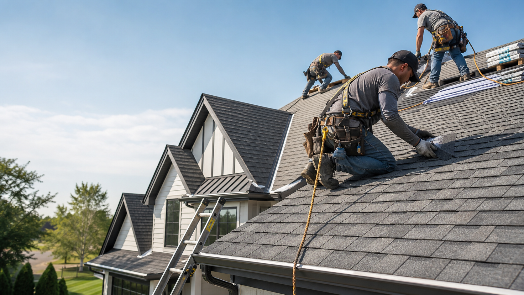 Roofing crew installing shingles on a home